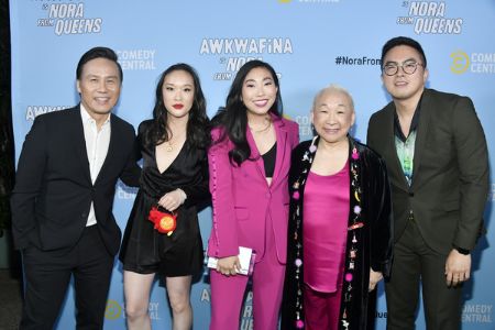 bowen yang and other 4 major cast member of the show awkwafina in the show premier 
